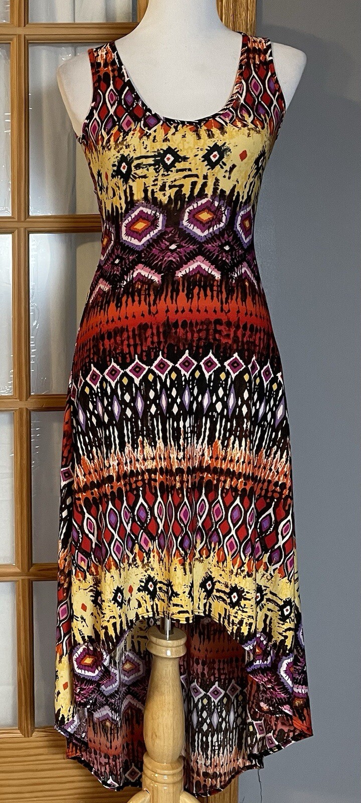 Vtg Snap Hi-Low Dress Womens S Red Yellow Cut Out USA Made Festive Boho Beach