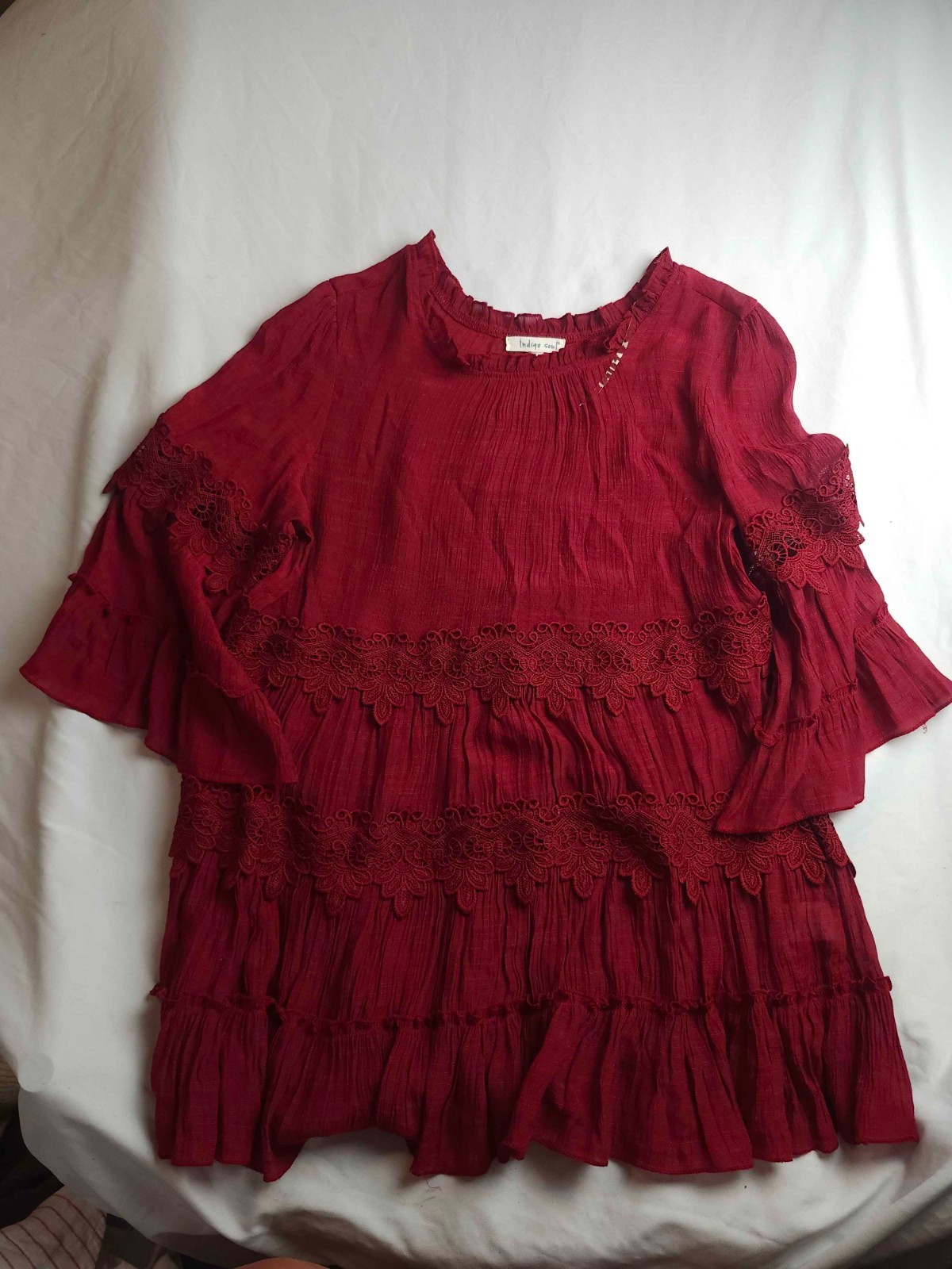 Indigo Soul Peasant Dress Womens Large Red Lace Tiered Boho Whimsical Romantic