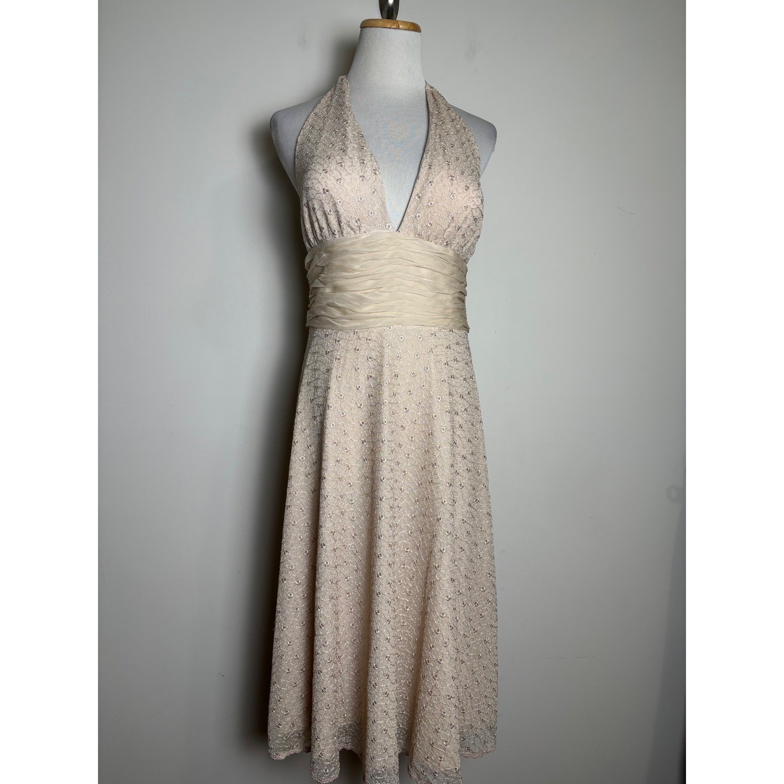 Vision Apparel Retro Babydoll Halter Midi Dress 6 Fairy Sheer Champagne Lace