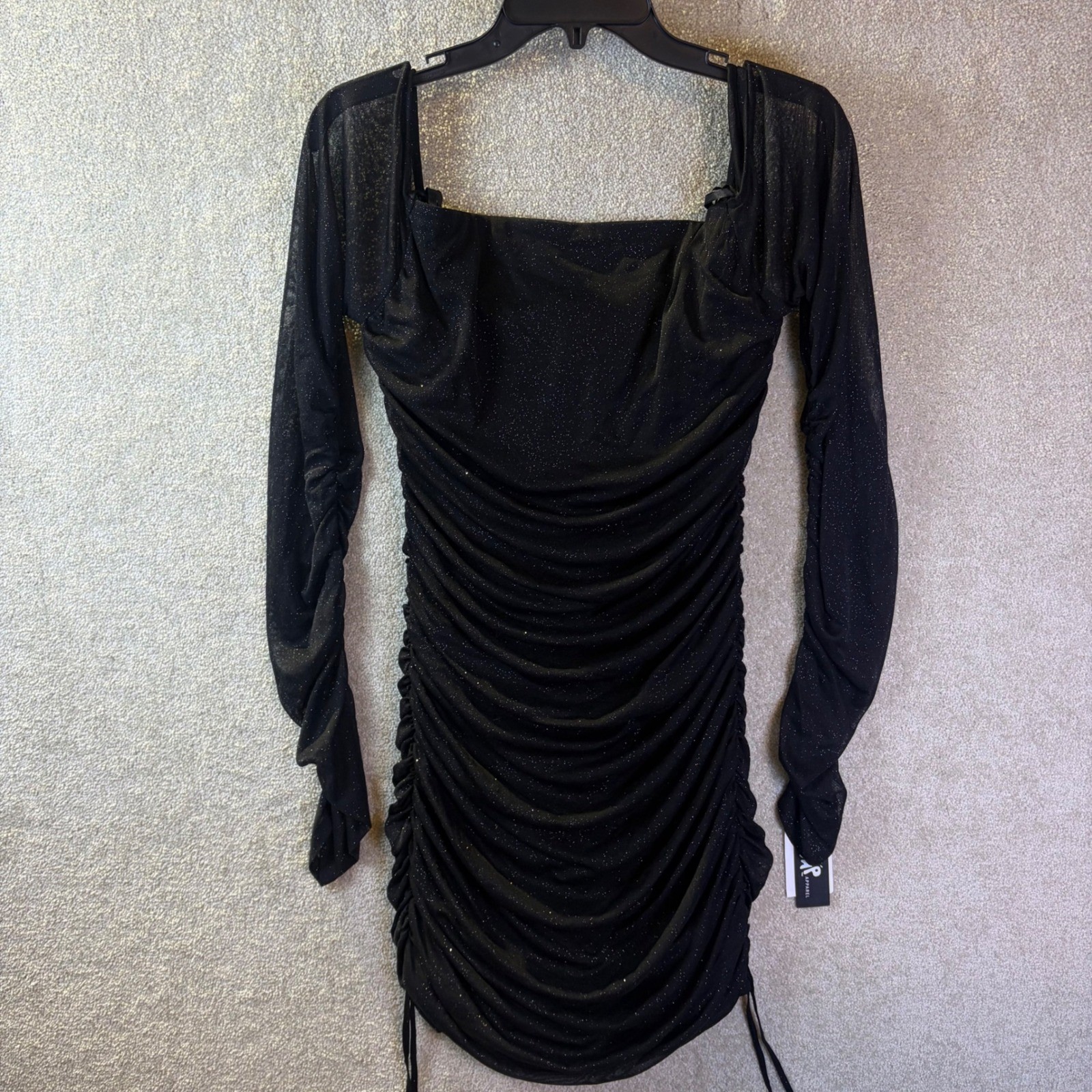 Jump Apparel Ruched Bodycon Dress Women XL Black Glitter Mesh Sleeve 132245K NEW