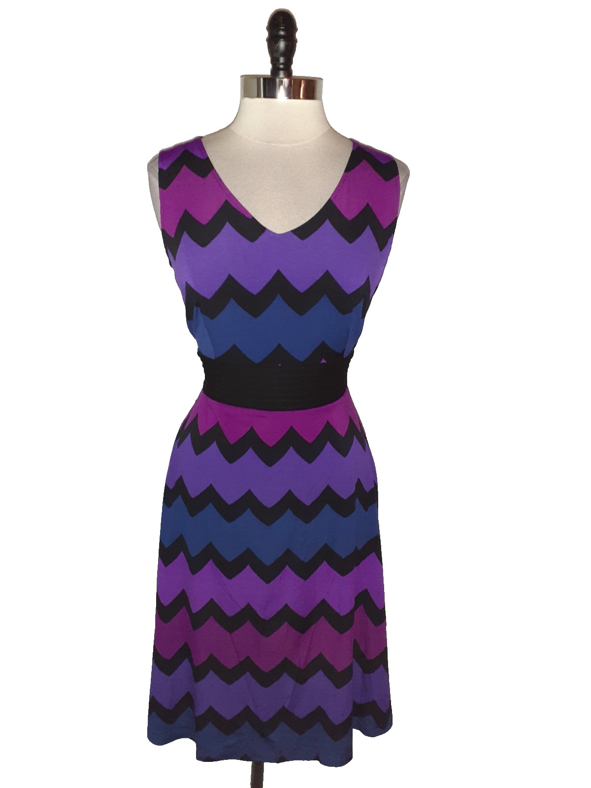DANNY AND NICOLE Size 10 A-Line Dress Black Blue Purple Sleeveless Stretch Knit