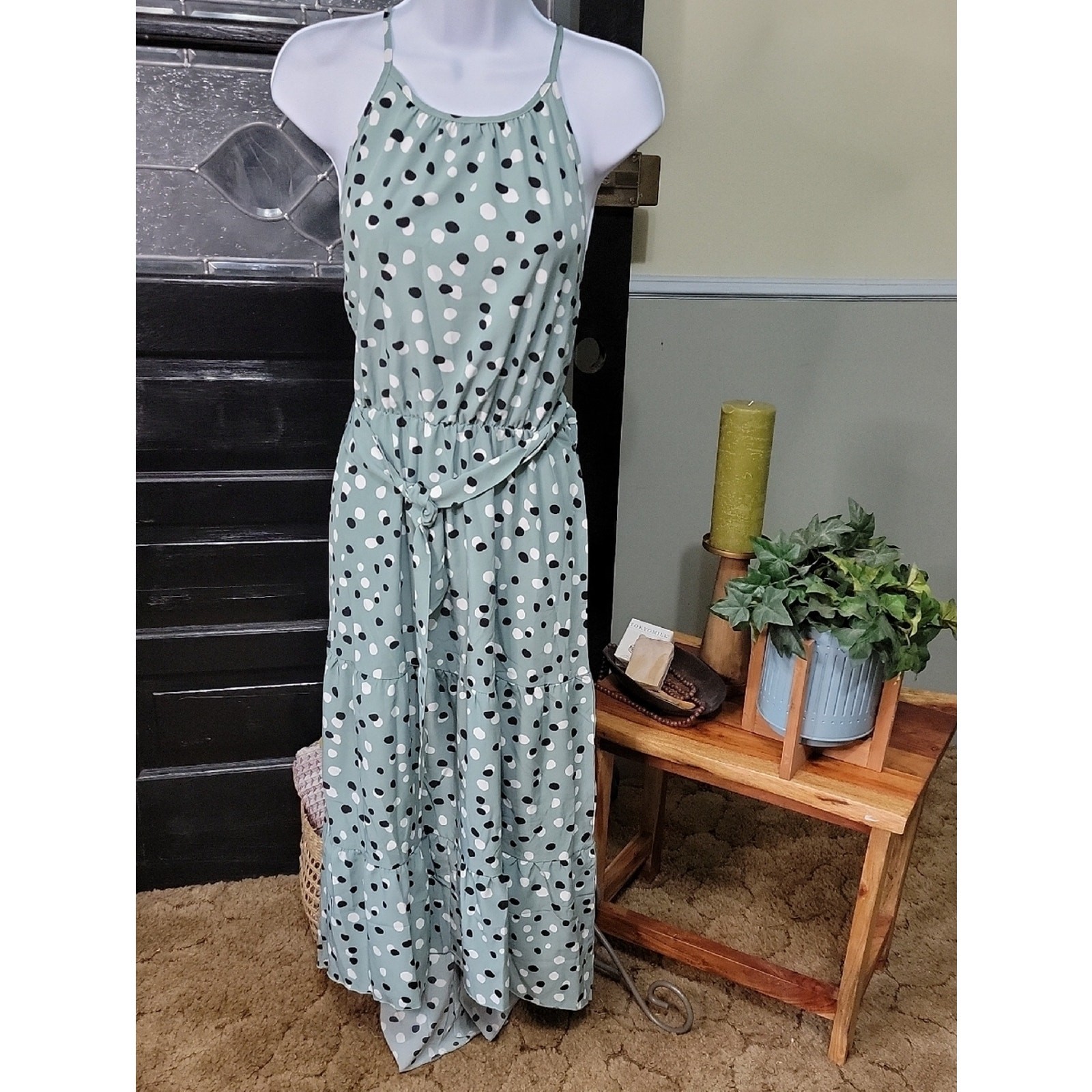Miss Sparkling Tiered Polka Dot Hi/Low Hem Racer Back Tie Waist Women Size S