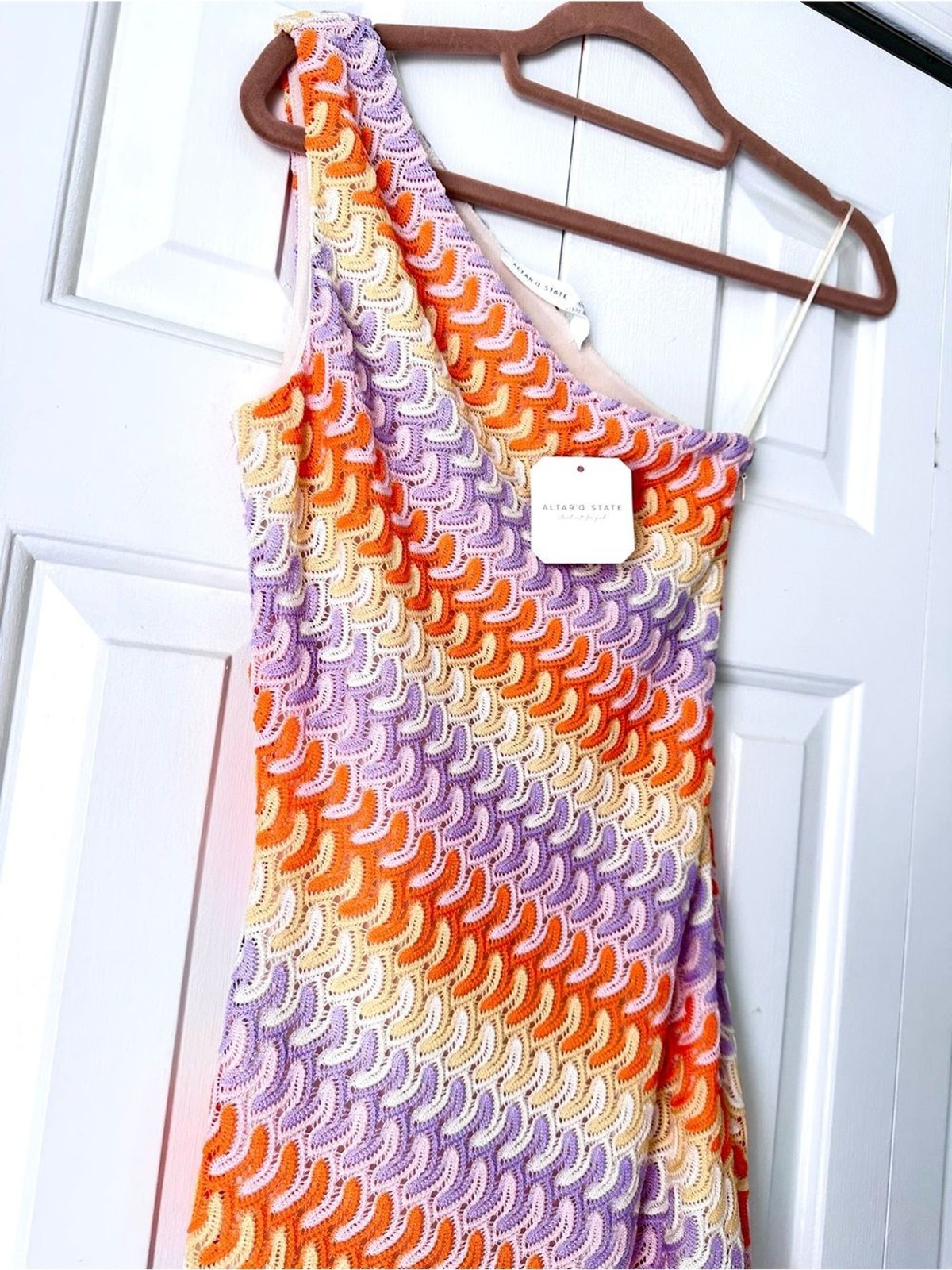 Altar’d State One-Shoulder Mini Dress in Crochet Bright Stripes Size XS