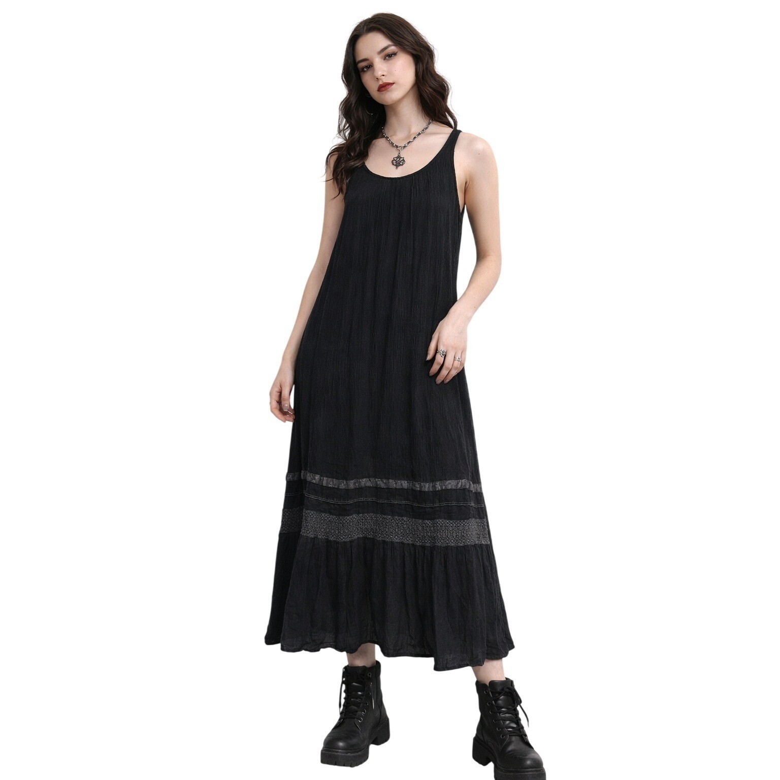 MILLENNIUM Grey Crinkle Midi Dress Tiered Minimalist Lagenlook Size L