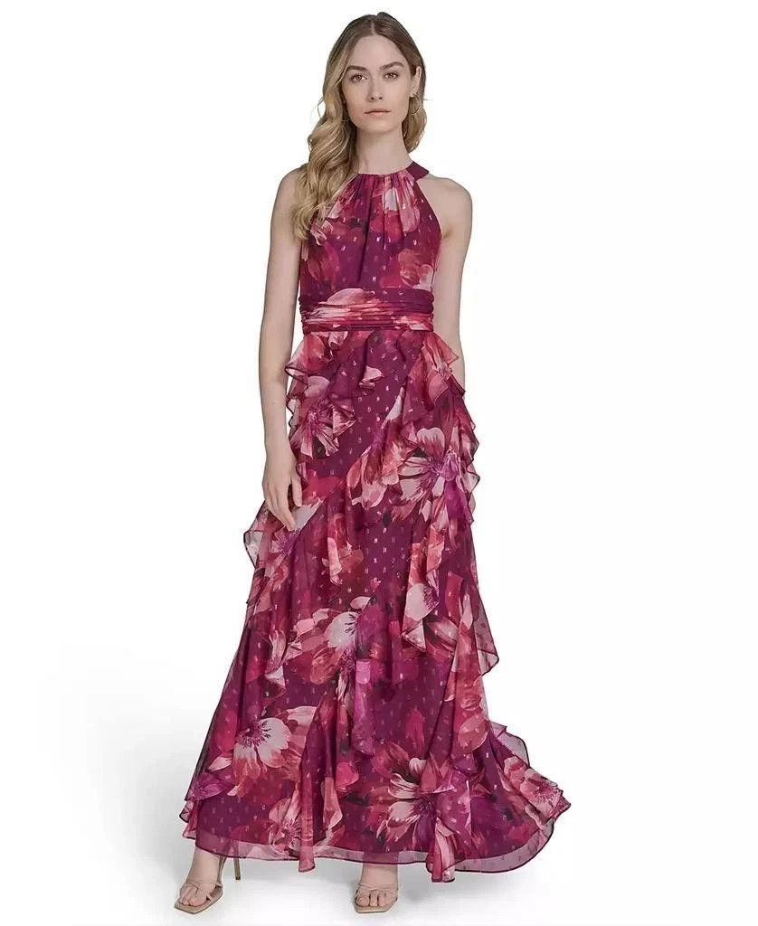Eliza J Burgundy Halter Floral Chiffon Maxi Dress Size 6 $248