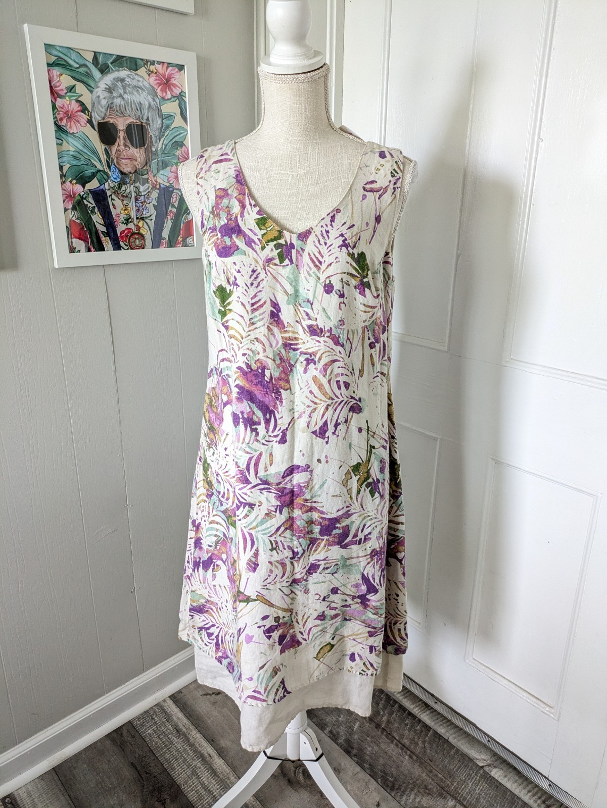 Click Color Me Cotton Linen Midi Dress S Purple Cream Tropical Sleeveless NWT