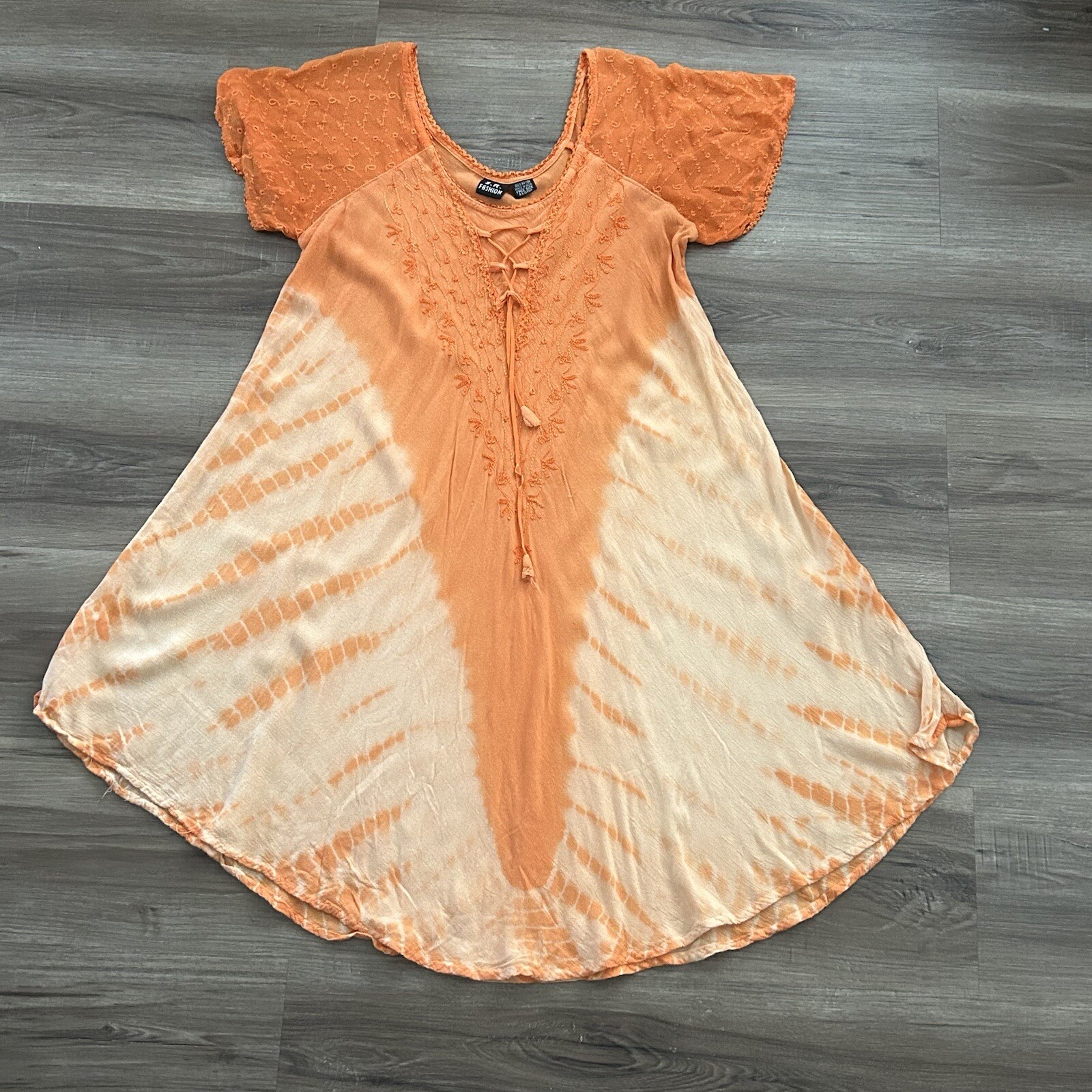 S.R. Fashion Women’s Dress One Size may fit S-M Orange Embroidered Tie Dye Boho