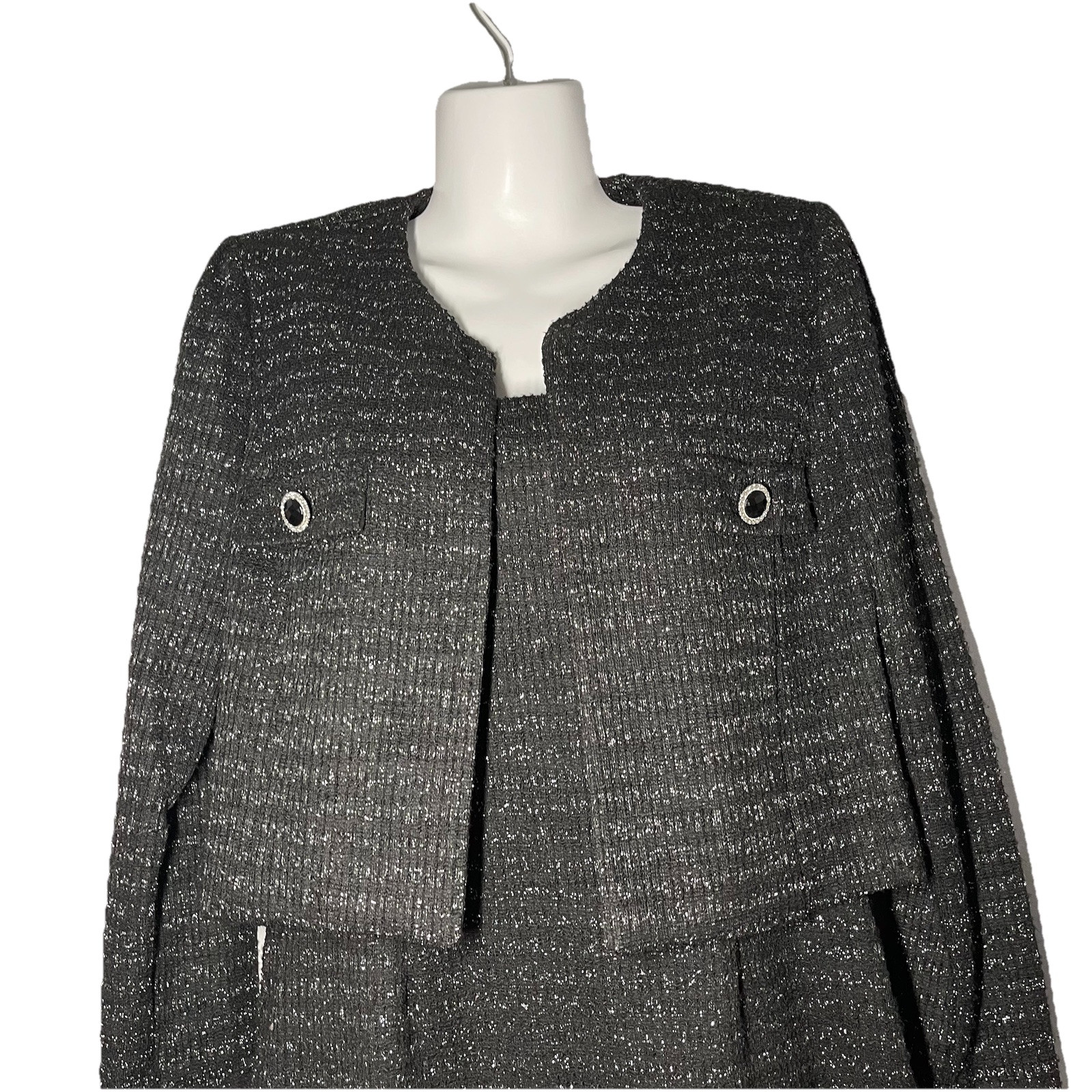 Taylor 2Pc Jacket/Shift Dress Set Size 6 Black Metallic Tweed Flounce Hem Money