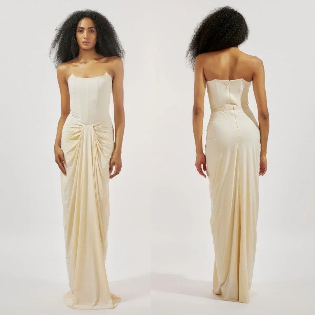Deme by Gabriella Gown Pearl Corset Draped Strapless Maxi Dress Size Small