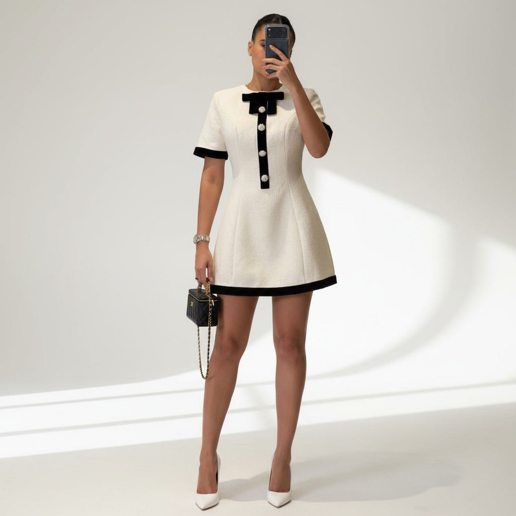 Luxury Designer Paris Style Mini Dress White Black Bow Elegant Parisian Look New