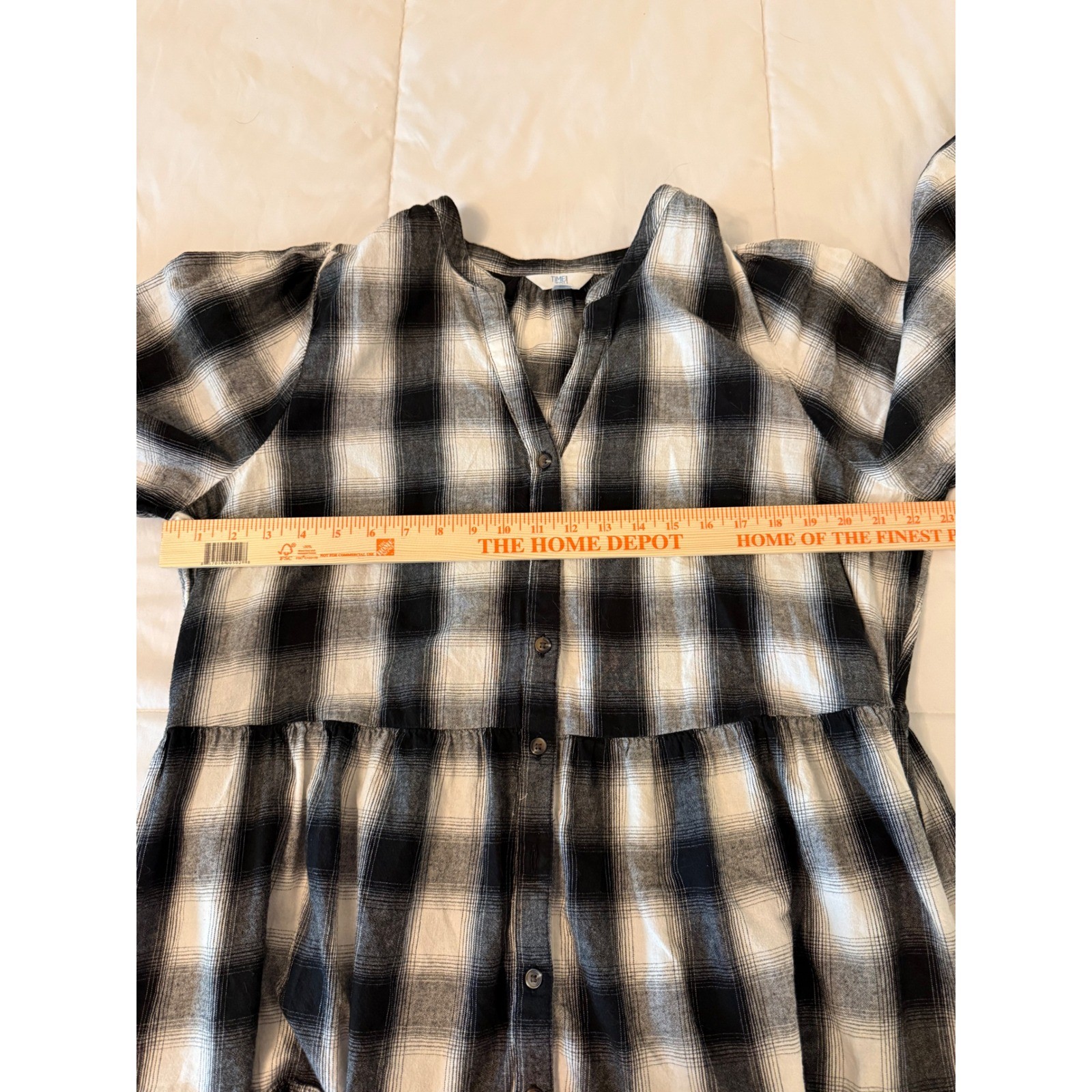 Black White Buffalo Plaid Button Front Tiered Midi Dress Long Sleeve with Pocket