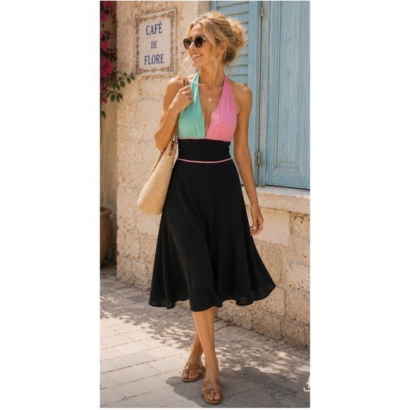 LEONA EDMISTON Halter Neck Dress Black Pink Mint Green Braided Xs/S Y2K