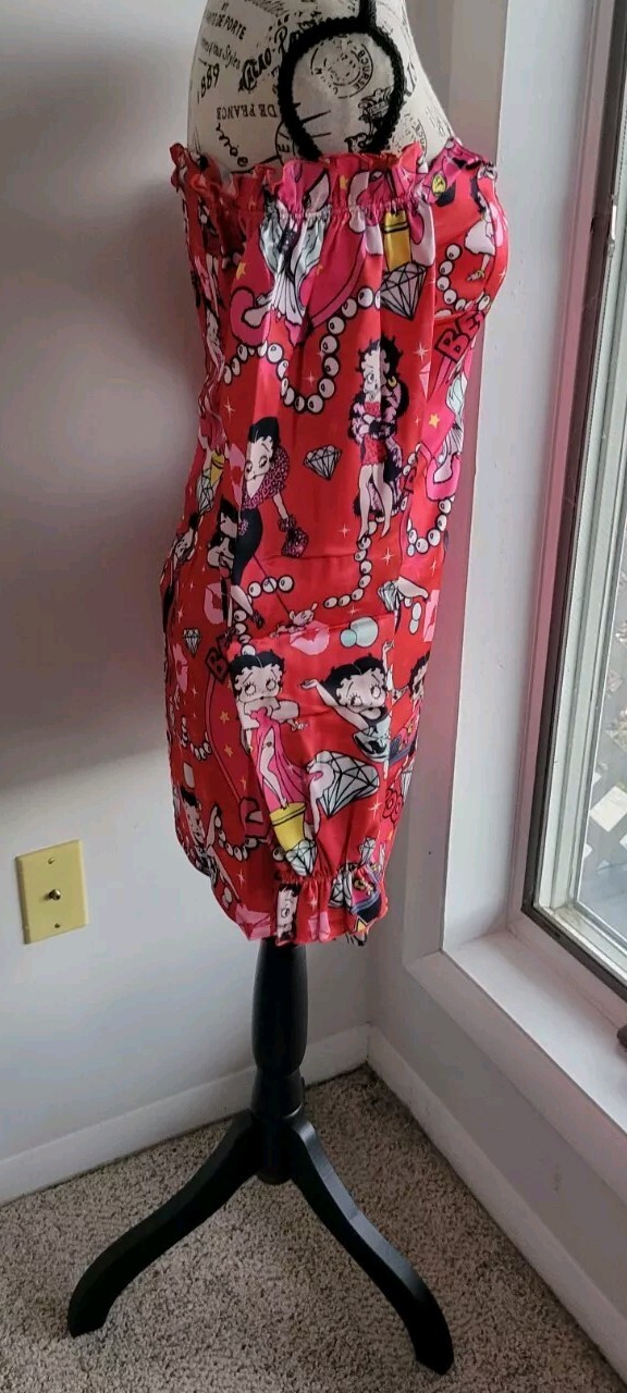 Dolls Kill & Betty Boop Lover Catch A Kitten Off Shoulder Satin Dress Medium