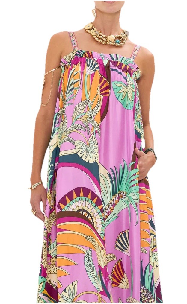 Camilla Wide Strap Sundress Giza Goddess Size M/L Resort Maxi $799 Silk Pink