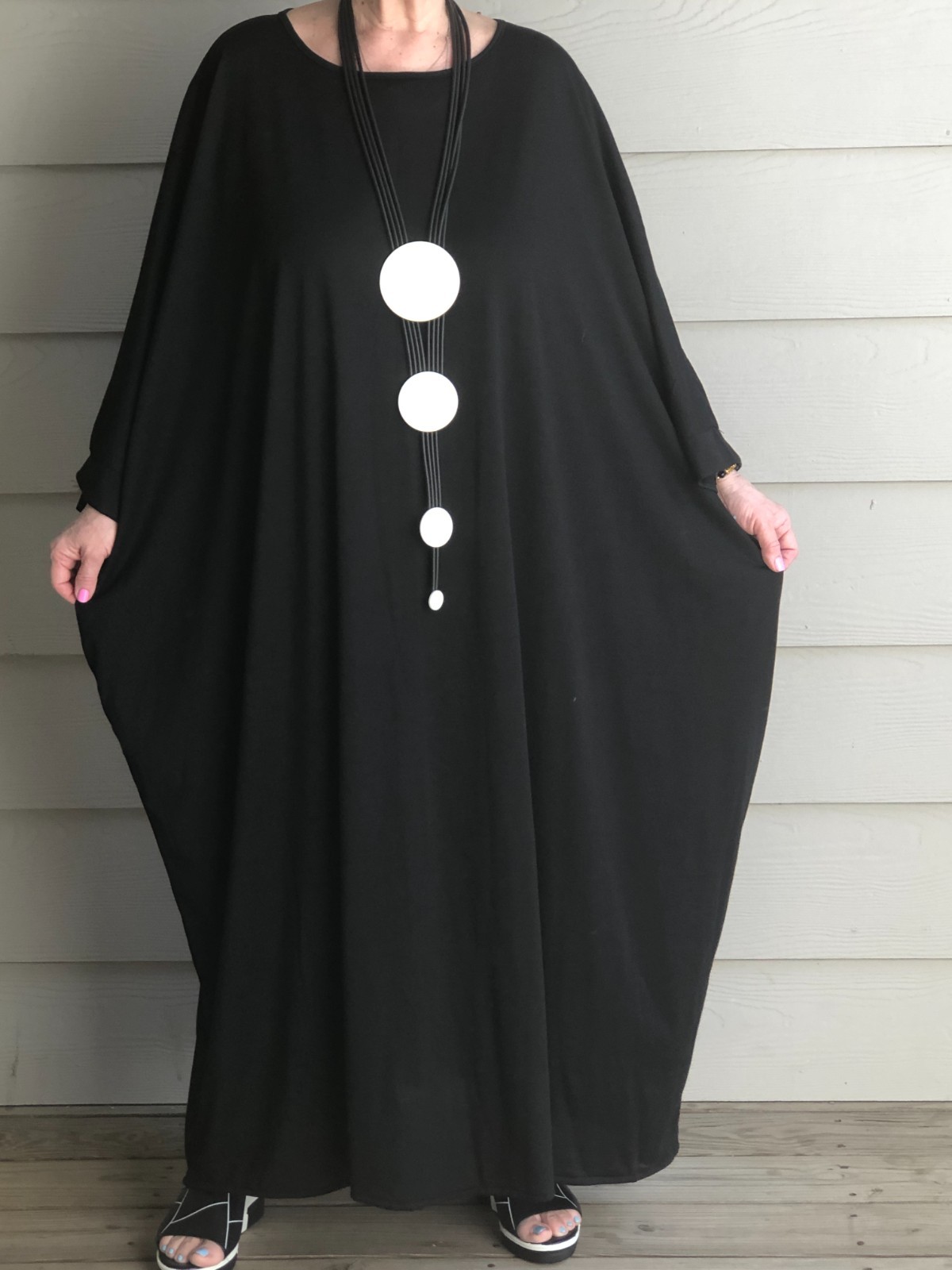 LAGENLOOK ARTSY BOHO PARACHUTE BLACK KAFTAN ABAYA DRESS WITH NECKLACE ONE SIZE