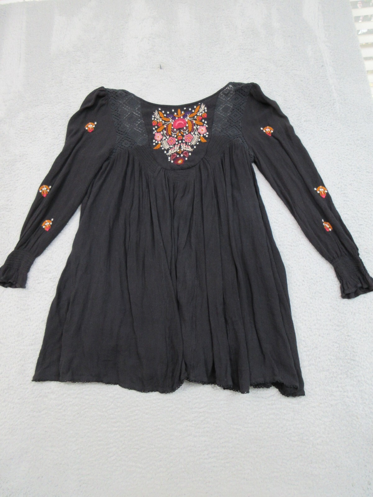 Free People Dress Womens S Black Embroidered Boho Romantic Gypsy Style Eclectic