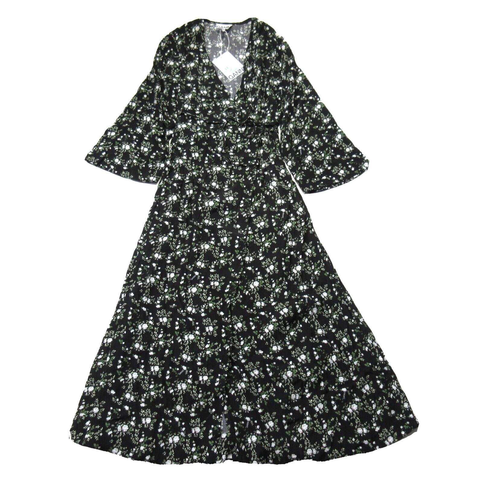 NWT GANNI Floral Printed Crepe Wrap Midi in Phantom Black Dress 34 US 2 $285
