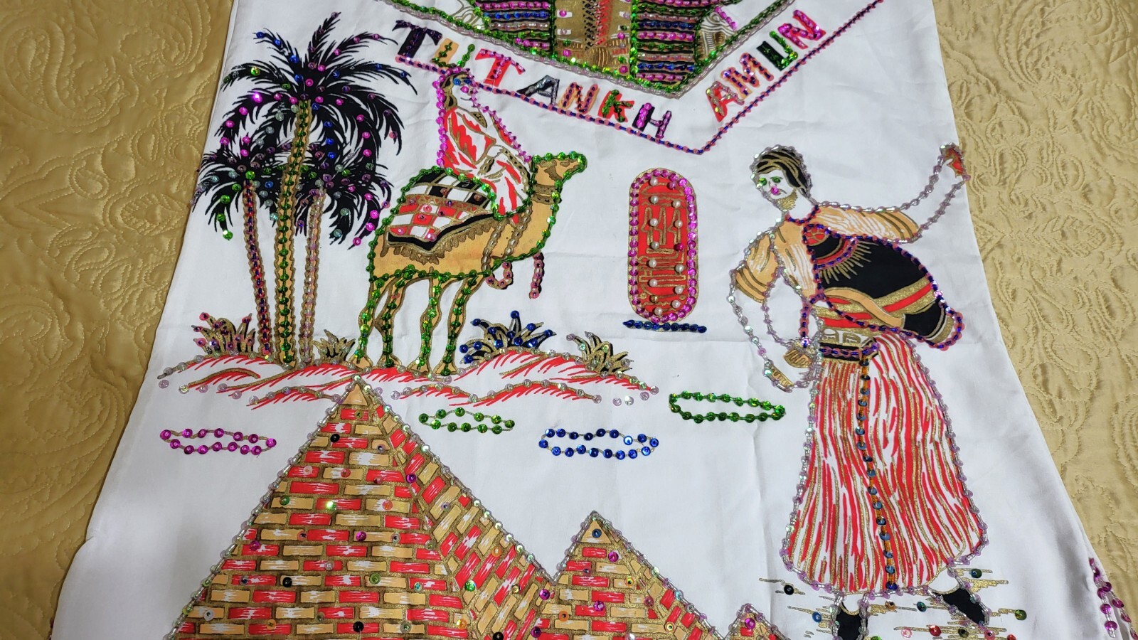 Handmade Egyptian Beaded Sequins Tut Ankh Amon White Kaftan Dress Galabia M. L.