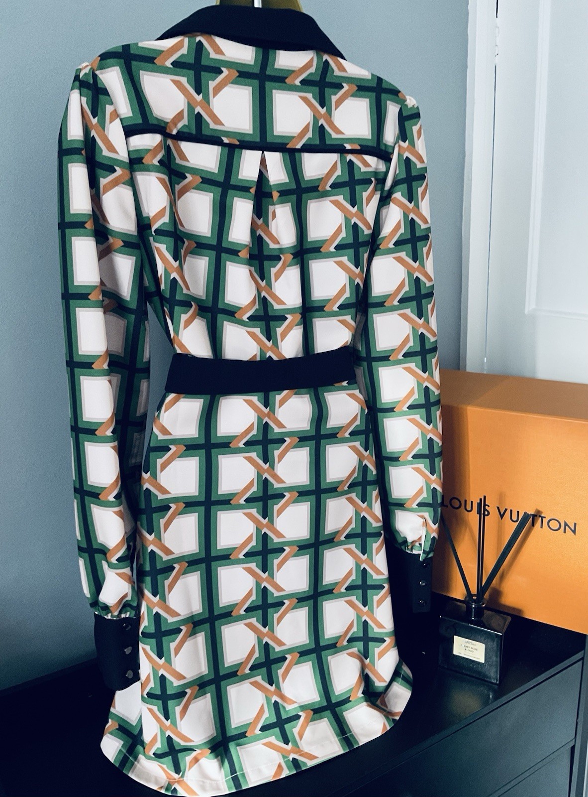 Pristine Karen Millen Twill Tie Border Print Woven Midi Shirt Dress Stunning 12