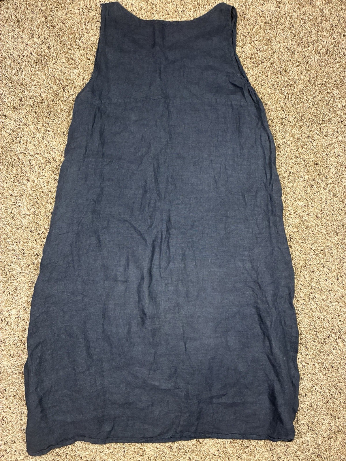 100% Lino Linen Lagenlook Sleeveless Midi Dress Navy Blue Pockets Sz 36 US 8
