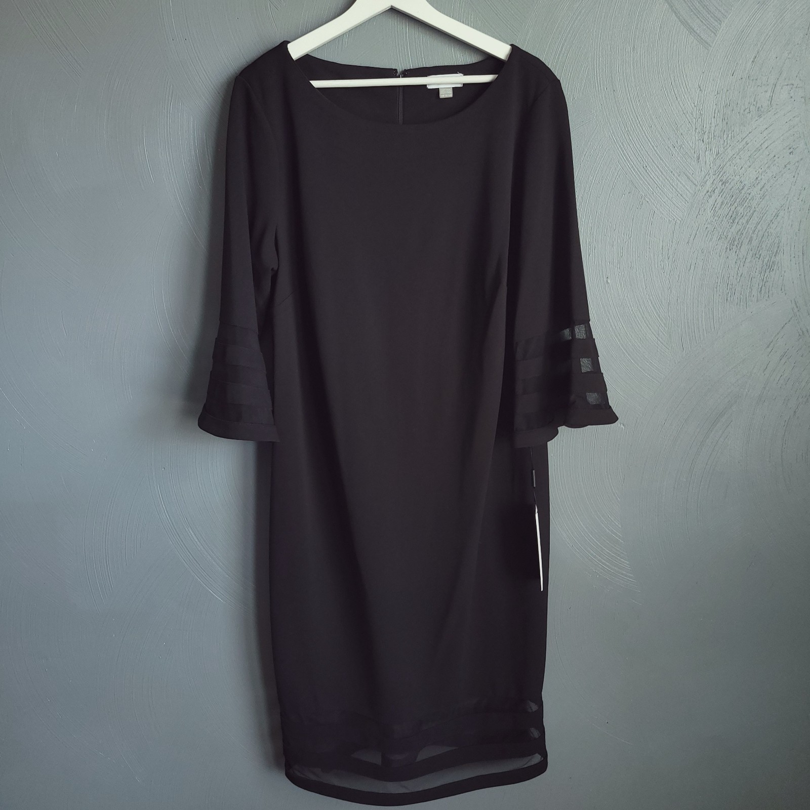CALVIN KLEIN Dress Womens Size 16W Black Sheath Sheer Stripe 3/4 Bell Sleeve NEW