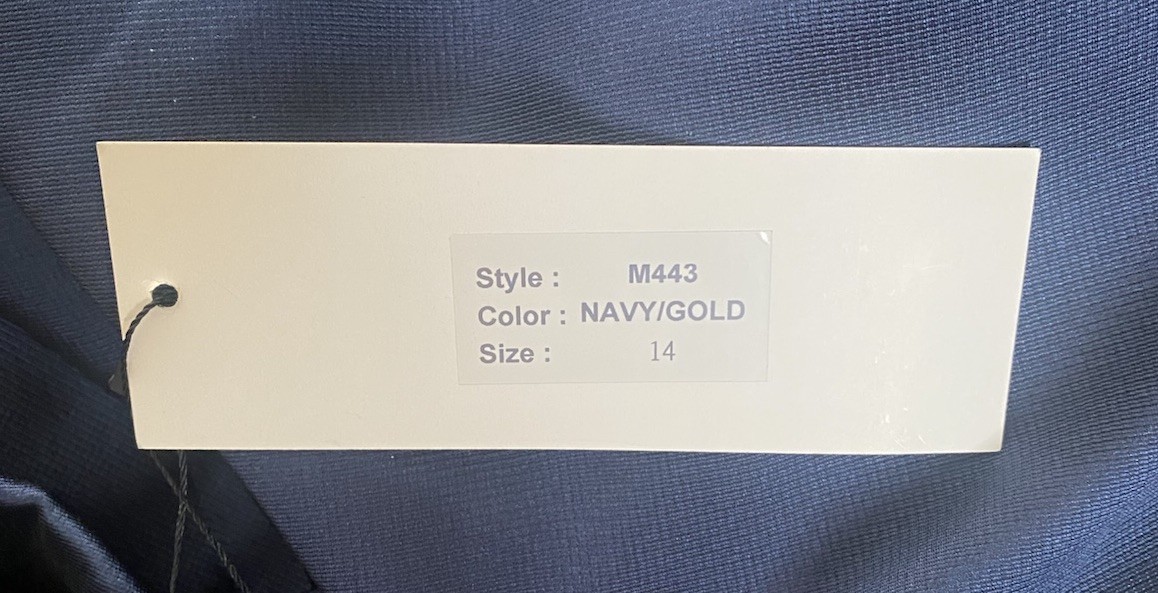 NWT Park 108 Womens Navy Blue Gold & White Pleated Deep V-Neck Elegant Gown – 14