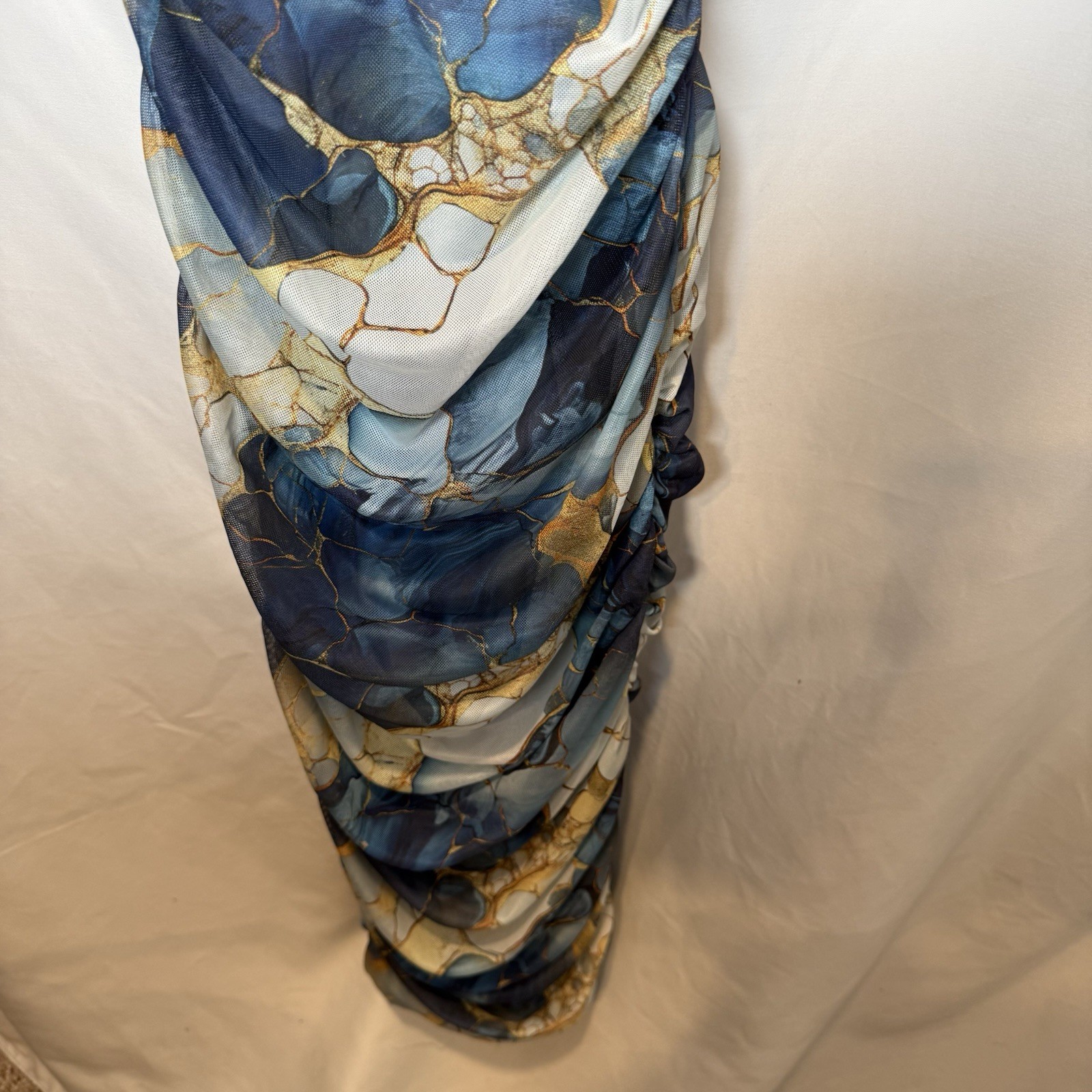 Akira Lorraine Marble Print Mesh Maxi Dress Blue Ruched Bodycon Sleeveless S M