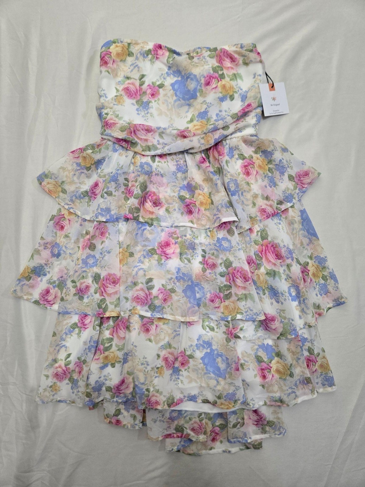 Originality Sundress Womens L White Floral Strapless Sweetheart Tie Lined