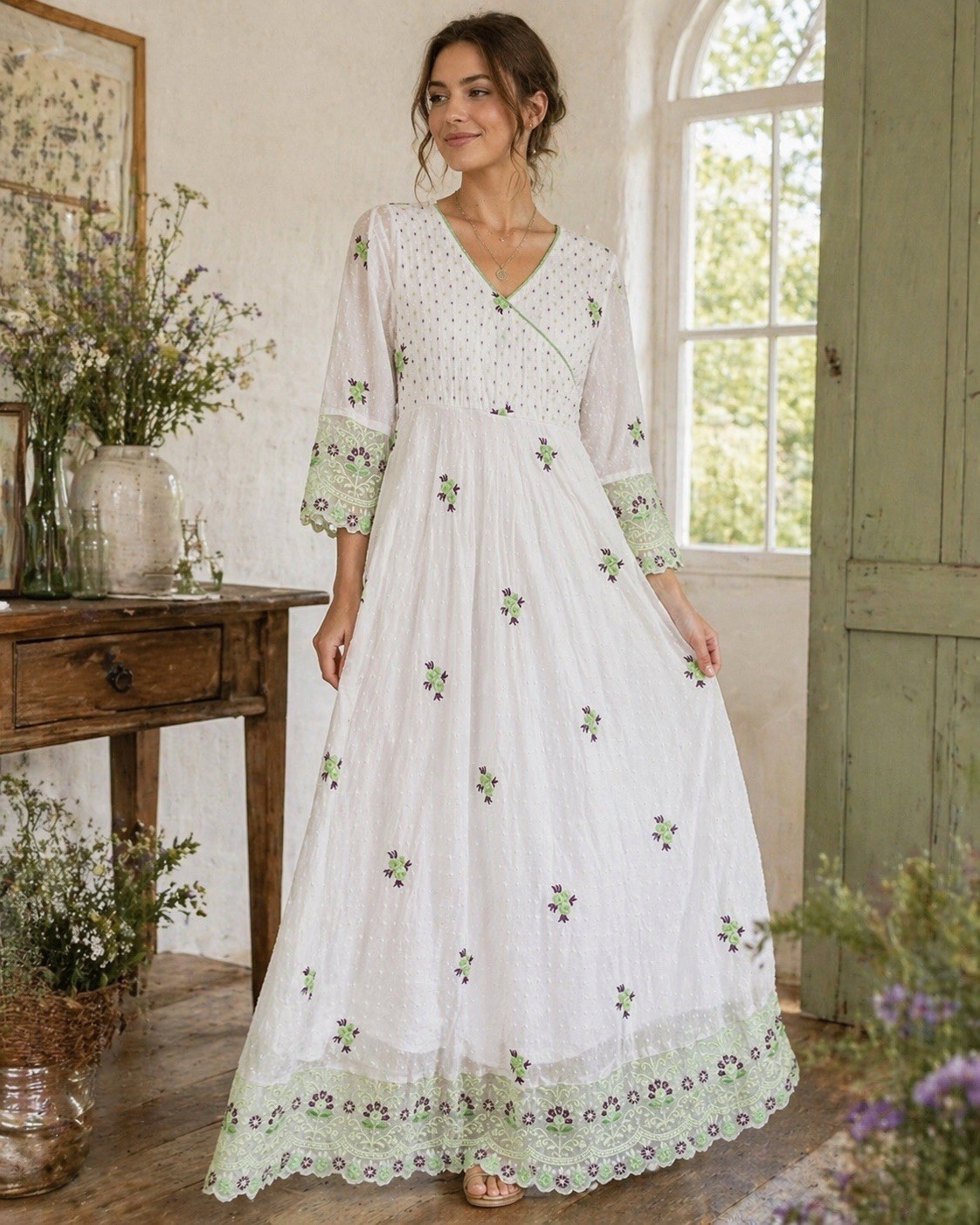 White Boho Maxi Dress Embroidered Floral Swiss Dot Overlay Cottagecore HH54