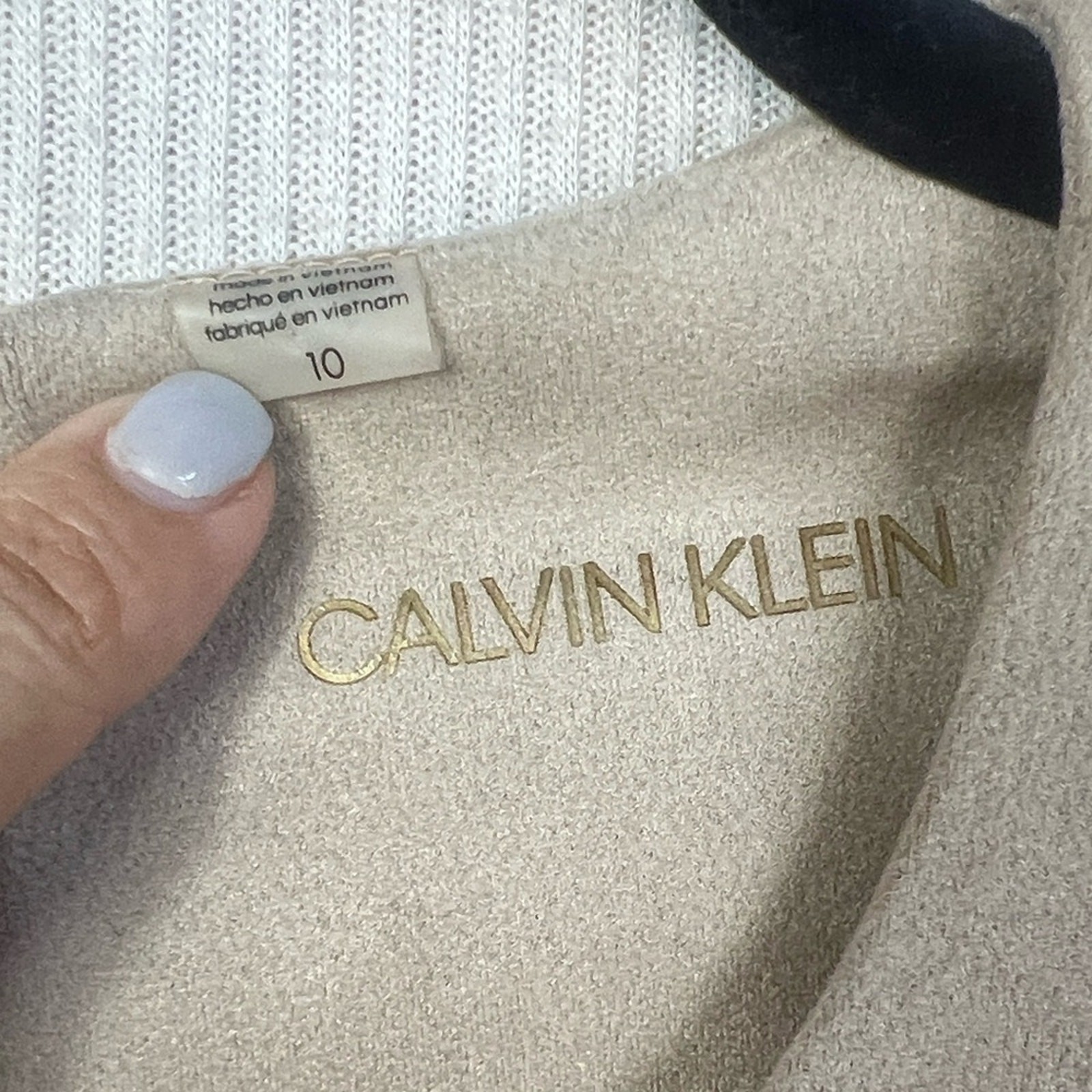 Calvin Klein Size 10 Faux Suede Sheath Dress Front Zipper Logo Pull Short Sleeve
