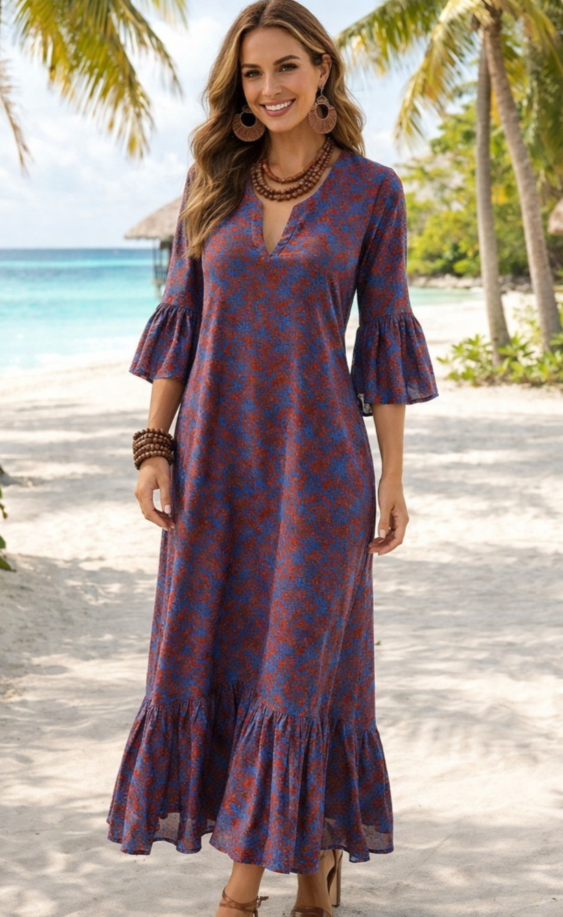 LIVRO Maxi Sundress Boho Floral Print Lined 3/4 Sleeve V Neck Coastal Women’s XS