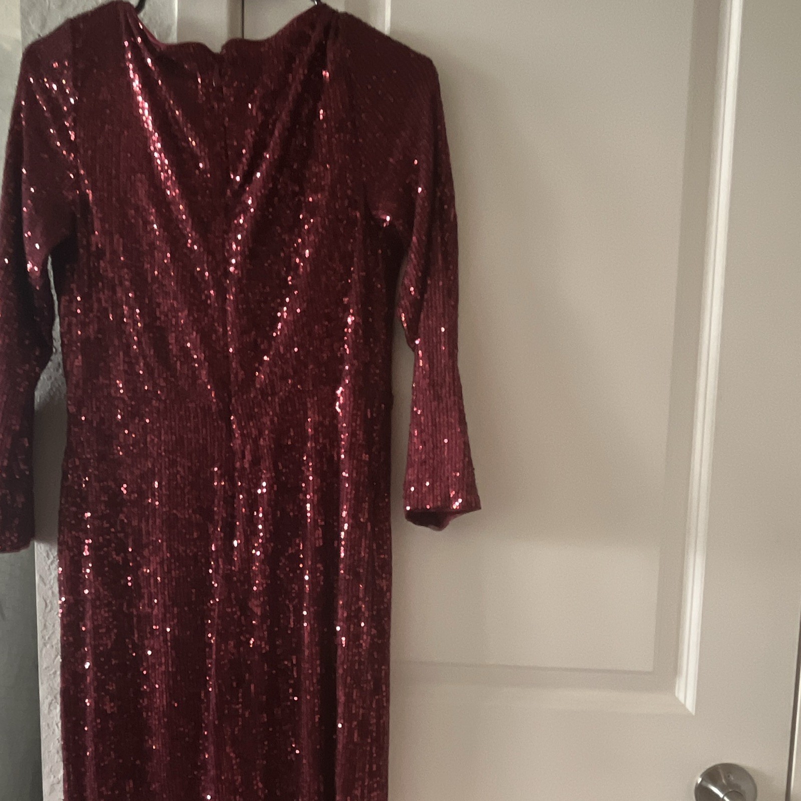 Ever-Pretty Burgundy Sequin V-Neck 3/4 Sleeve Maxi Dress Side Slit M