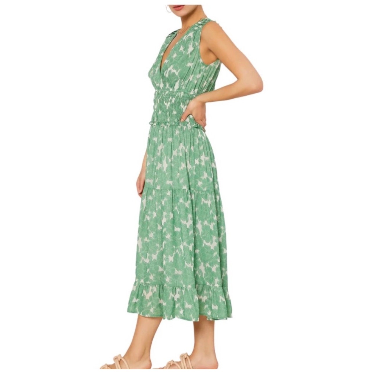 Current Air Green Printed Tiered Maxi Sleeveless Dress Size S Small