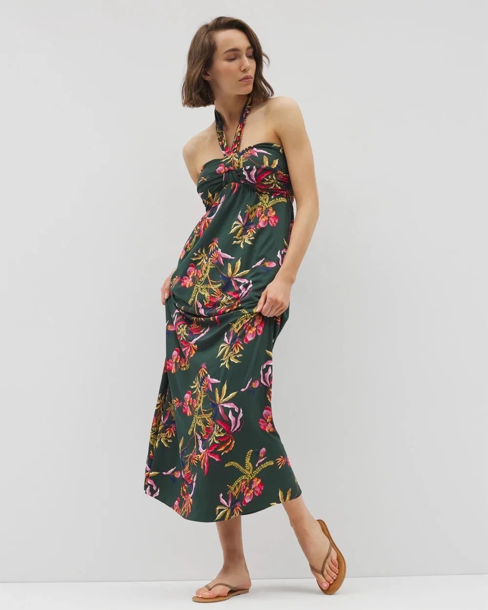 NWT Soma Retreat Maxi Dress XL Pockets SUNRISE FLORAL M EMERALD Built In Bra