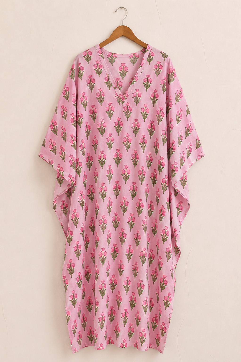Green Pink Floral Hand Block Print Cotton Kaftan Dress With Front Drawstring