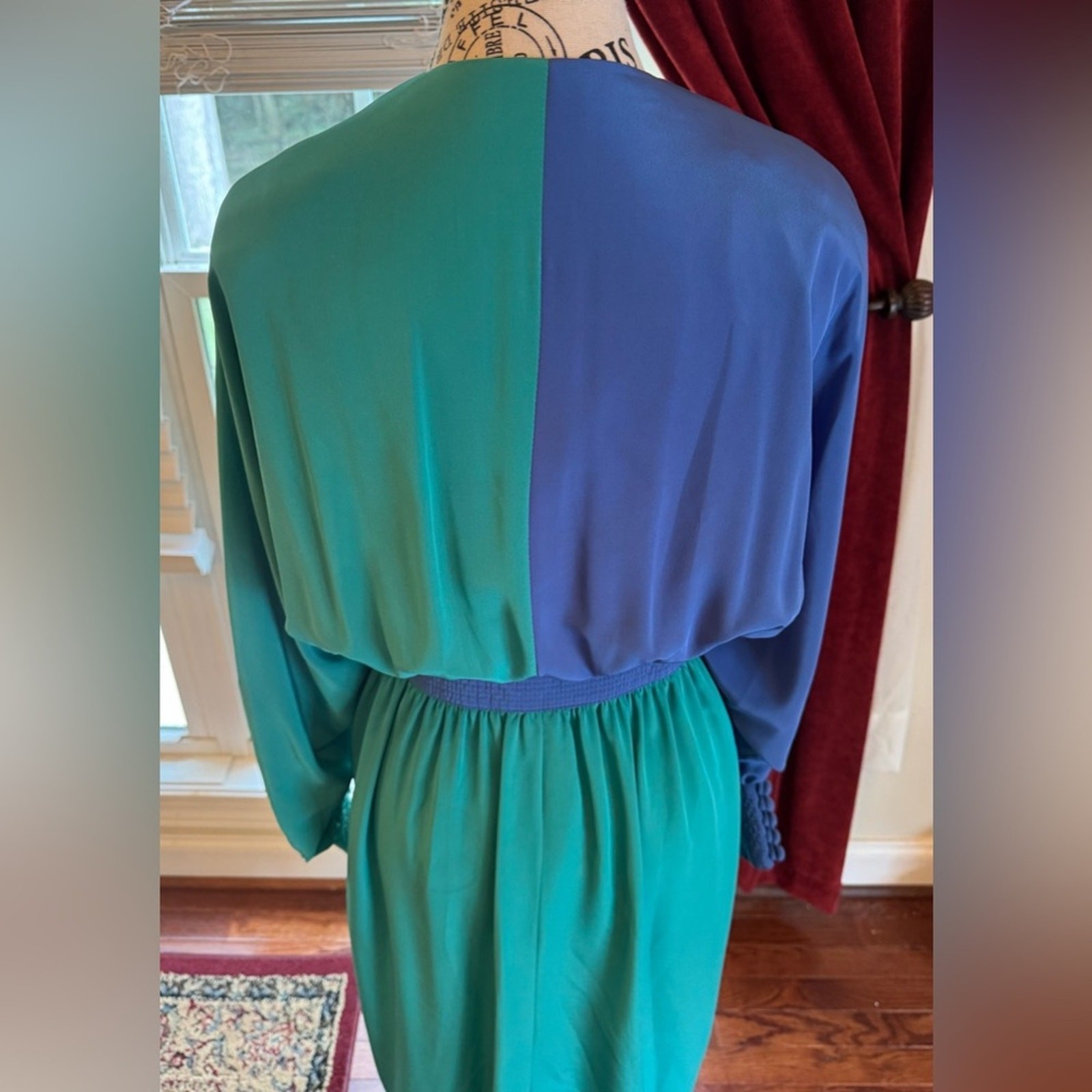 Adele Simpson Vintage Color Block Bat Wing Dress Blue Green Flowy Long Sleeve 8