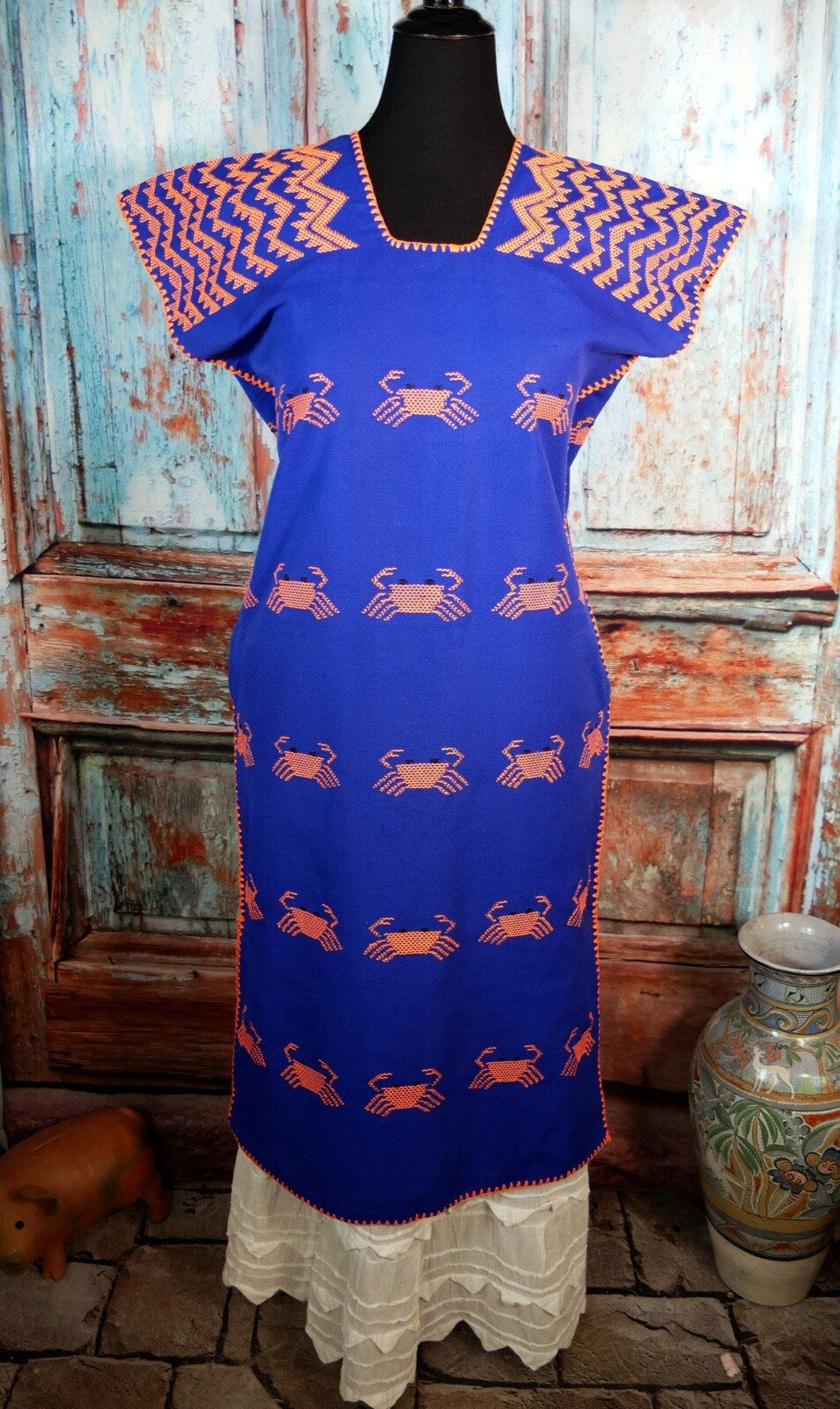 M/L Huipil Kaftan Handwoven Blue & Orange Crabs San Juan Colorado Oaxaca Mexico