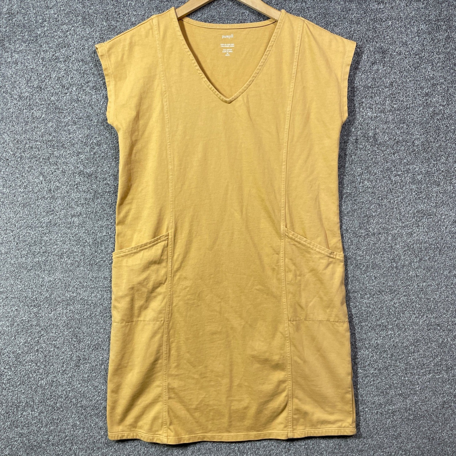 Pure Jill Dress XS Petite Easy Knit Two-Pocket Mustard Yellow Cotton V-Neck