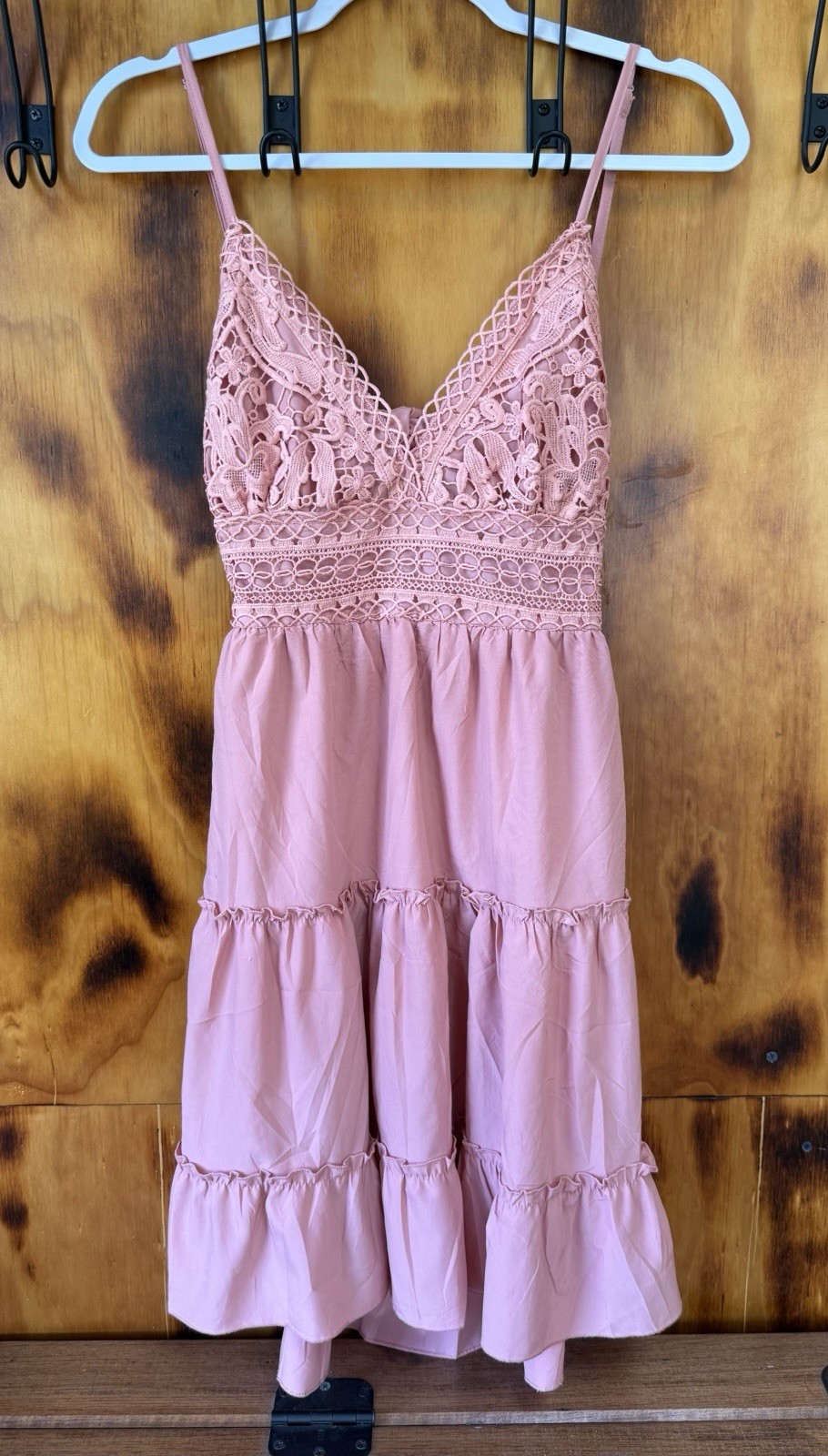 ECOWISH Pink Solid Lace Top V-Neck Strappy Sleeveless Short Sundress Size S