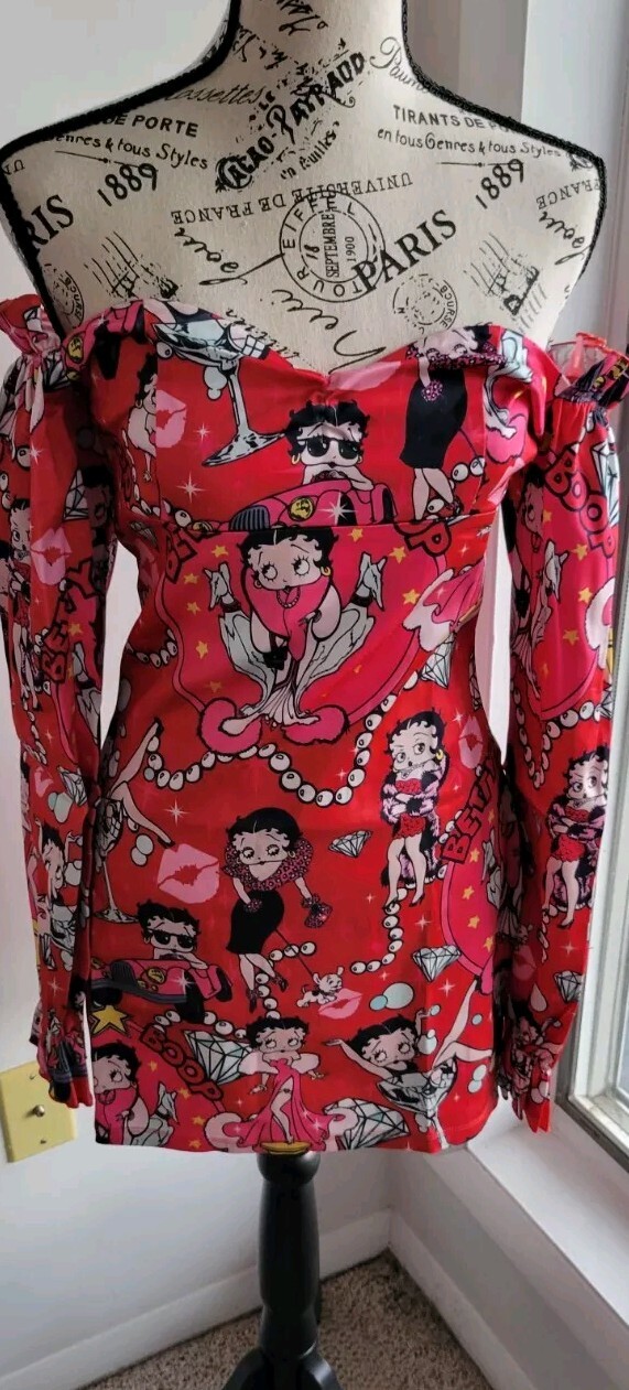 Dolls Kill & Betty Boop Lover Catch A Kitten Off Shoulder Satin Dress Medium