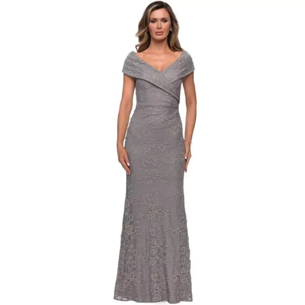 La Femme V-Neck Off Shoulder Knit Lace Sheath Long Dress Platinum Size 12 $438