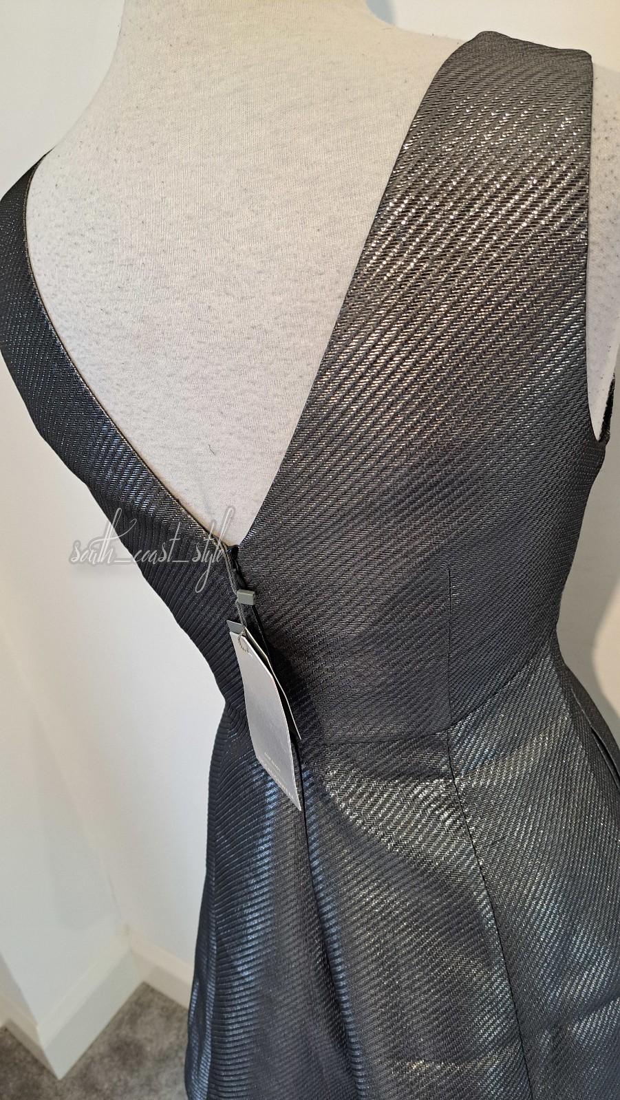 OASIS – Silver Metallic Striped Structured Fit & Flare Dress – Size 12 BNWT