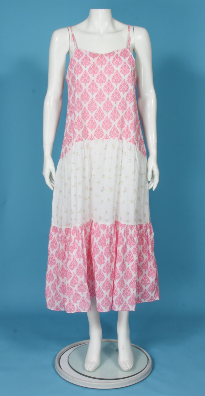 CELINA MOON Pink White Mixed Print Floral Strappy Tiered Maxi Dress sz S /358