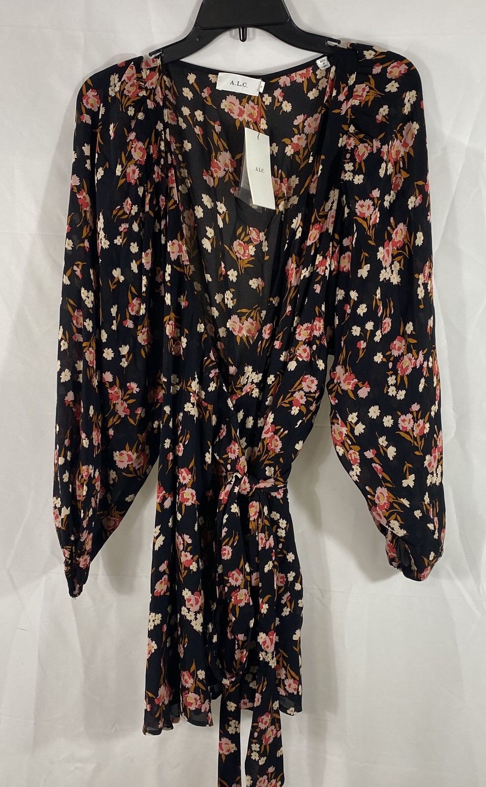 A.L.C. Women’s Renzo Silk Floral Mini Dress Black Long Sleeve V-Neck NWT Sz 6