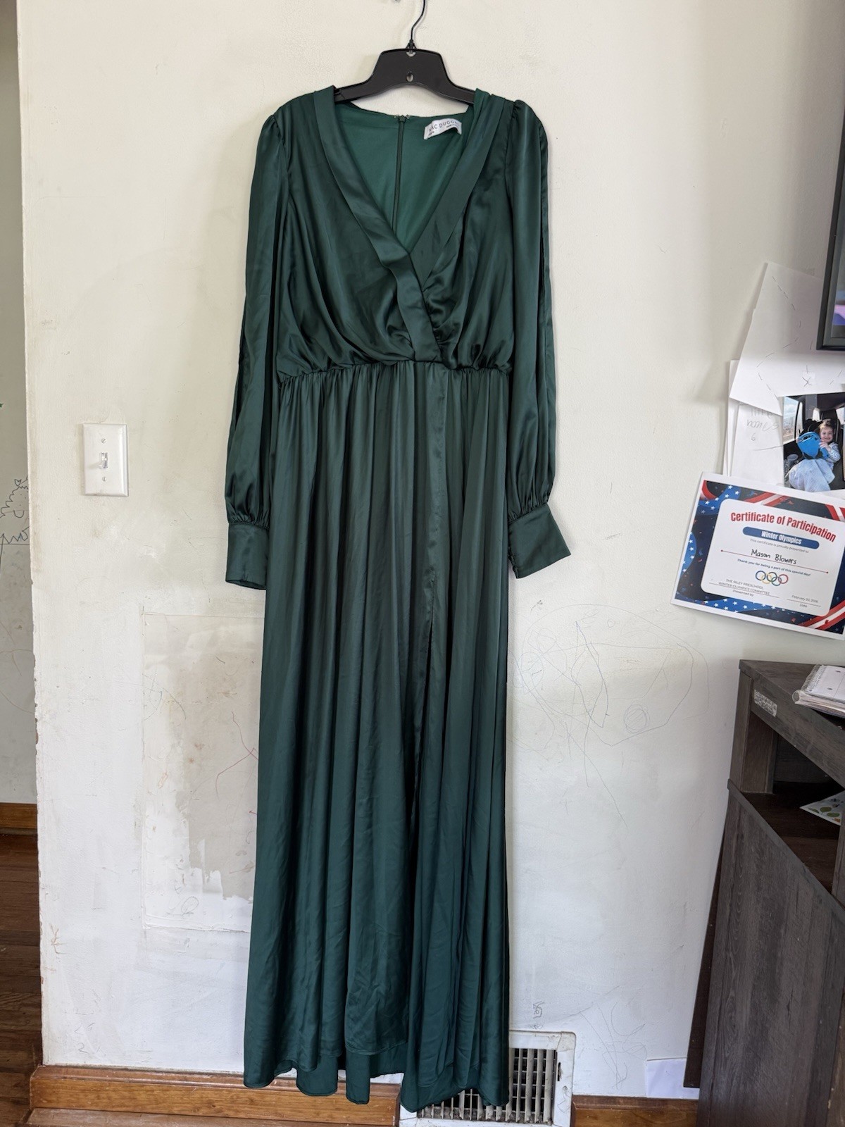 Mac Duggal Womens Emerald Green Satin Cinched Waist Dress, Bishop Sleeve, US 10
