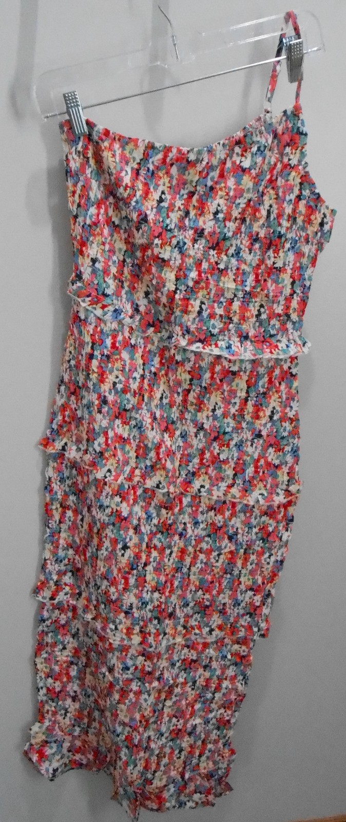 Women’s Midi Bodycon One Shoulder Strap Tiered Ruffle Blue Red Floral Dress-M