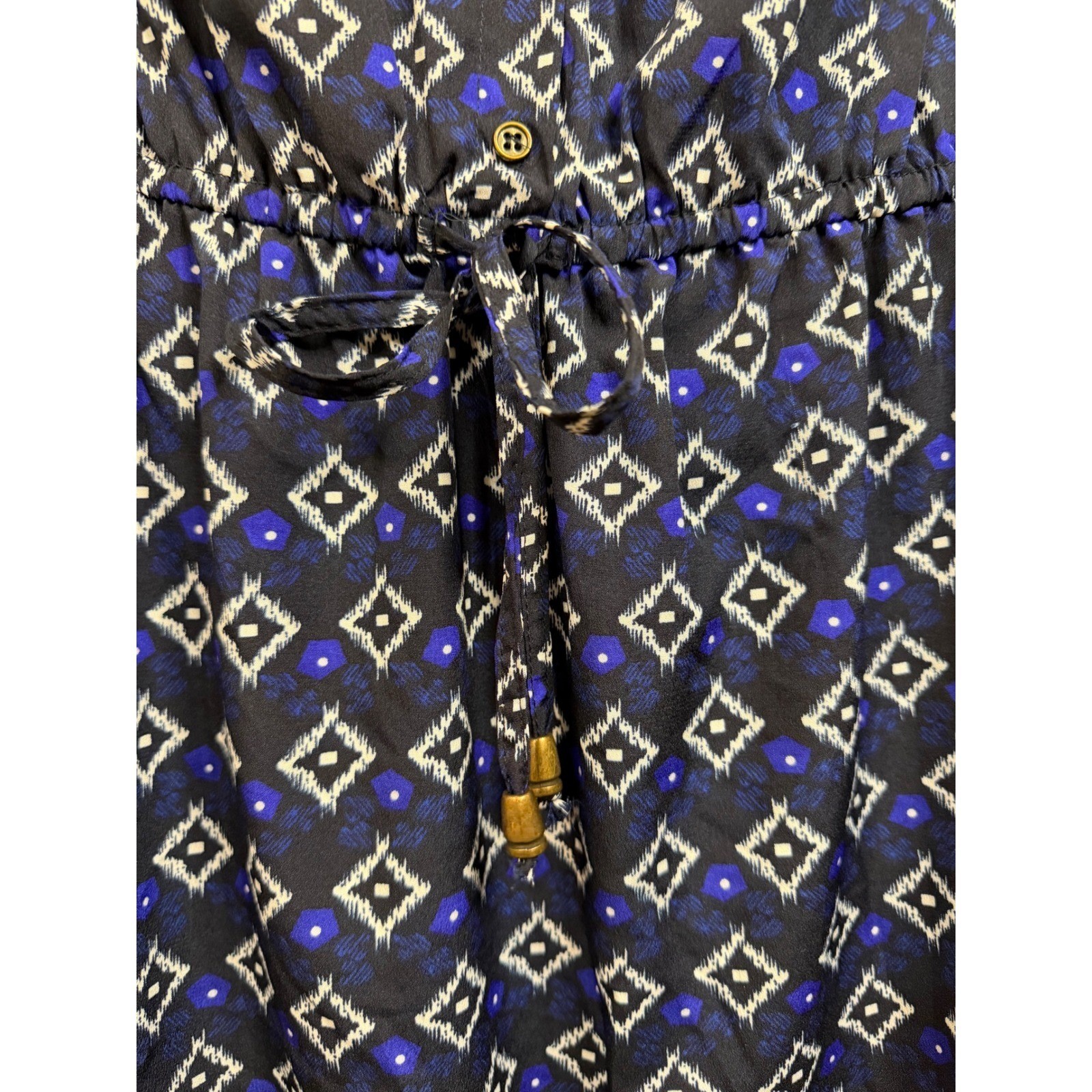 Indulge in Style Wms 1X Blue Ikat Print Button Front Shirt Dress Roll Tab Sleeve