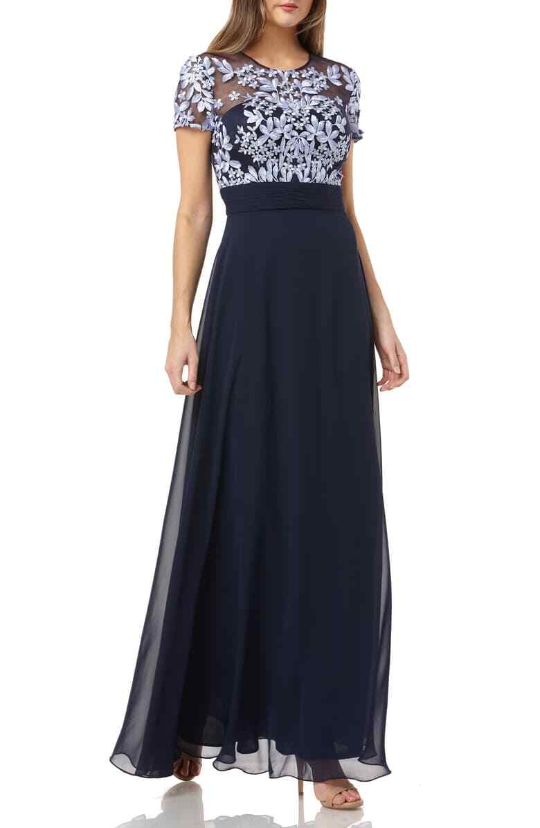 JS COLLECTIONS EMBROIDERED ILLUSIONS BODICE NAVY/PERIWINKLE DRESS GOWN sz 12