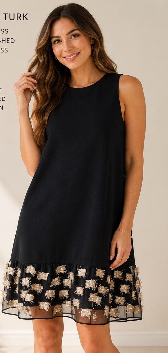 Trina Turk Dress Black Gold Accent Dress Ruffle Sz 8
