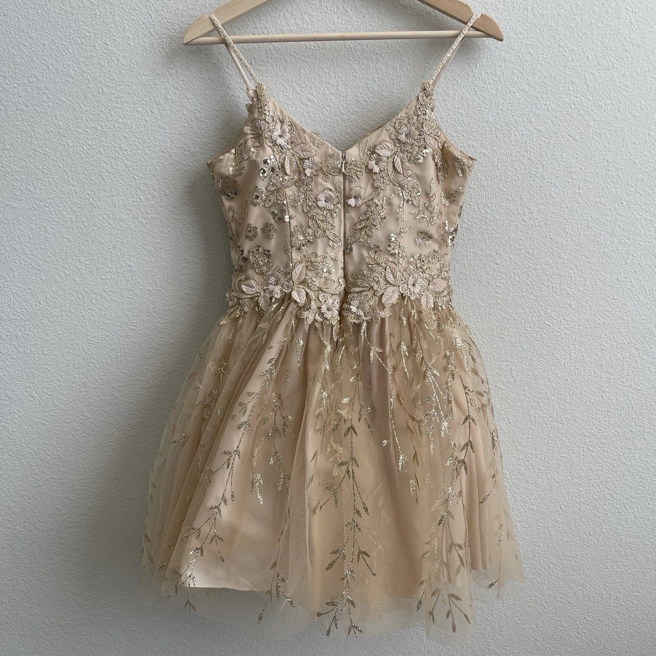 DANCING QUEEN Gold Beige Floral Glitter Tinker Bell Fairy Princess Tulle Dress
